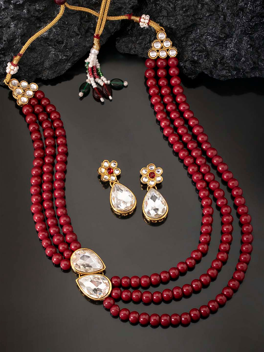 Peora Gold-Plated White & Maroon Pearl Kundan Handcrafted Jewellery Set