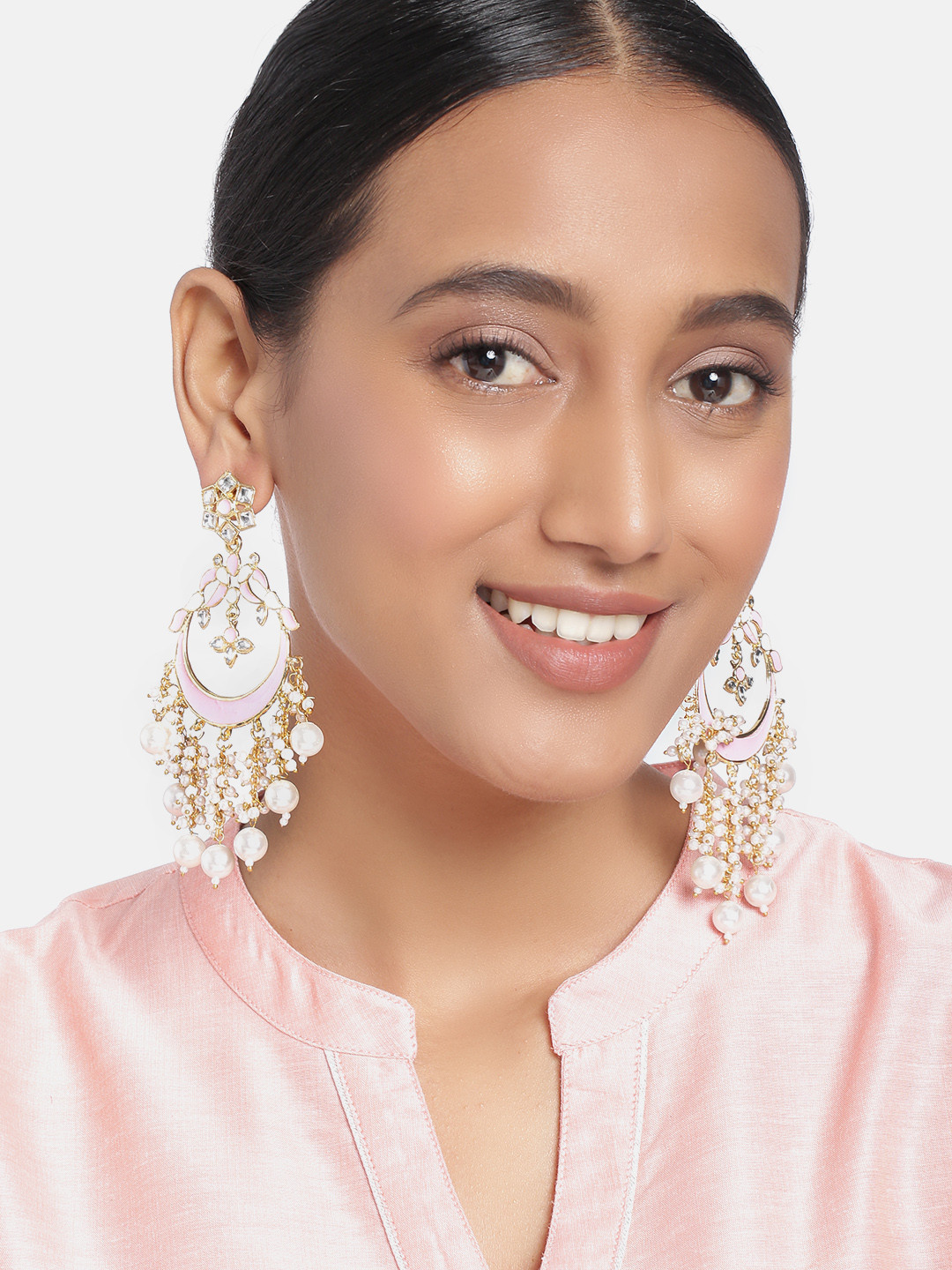 Peora Gold-Plated & Pink Handcrafted Kundan-Studded and Pearl-Beaded Meenakari Chandbalis