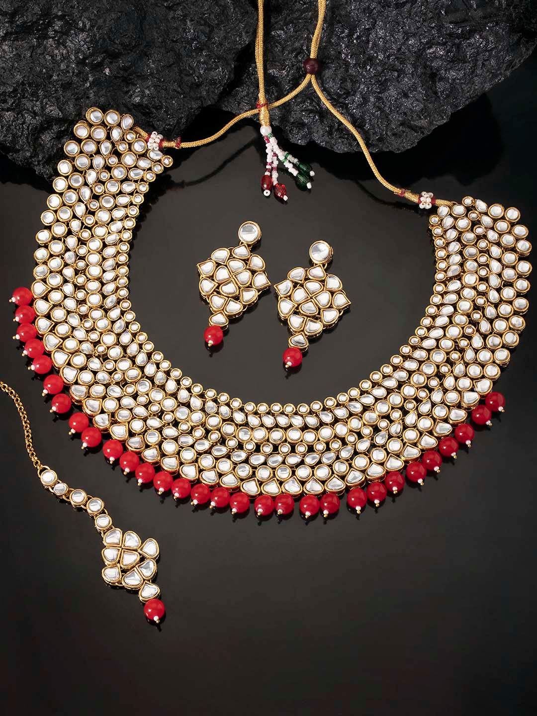 Peora Gold Plated & Red Handcrafted Kundan & Pearl Studded Bridal Jewellery Set
