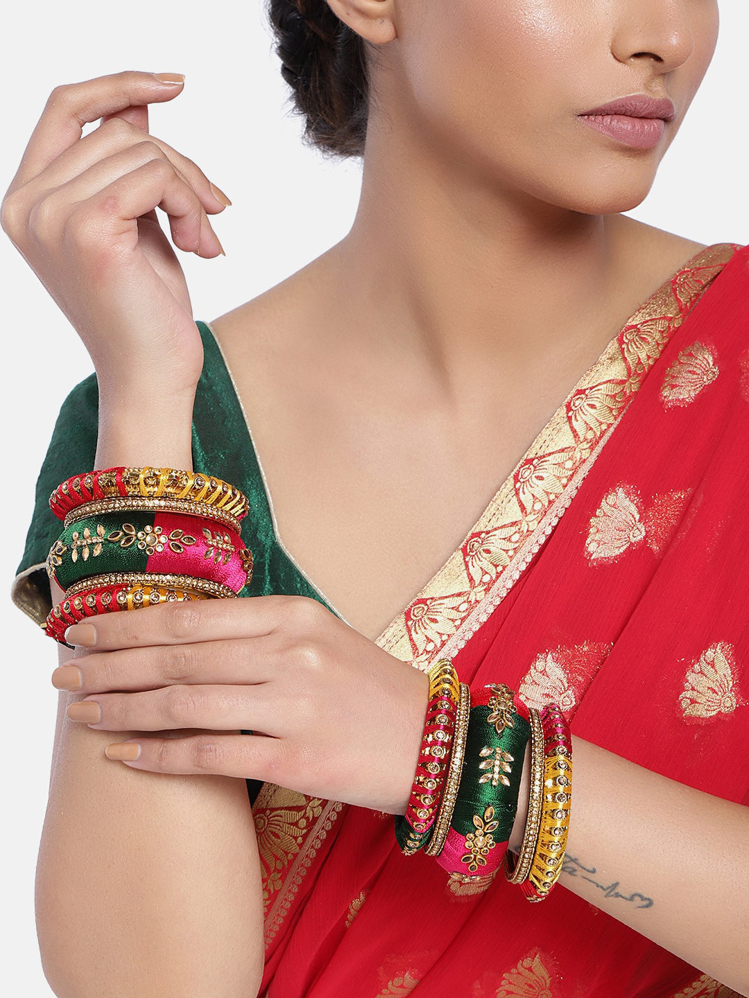 Peora Set of 10 Multicoloured Silk Thread-Beaded Handcrafted Bangles