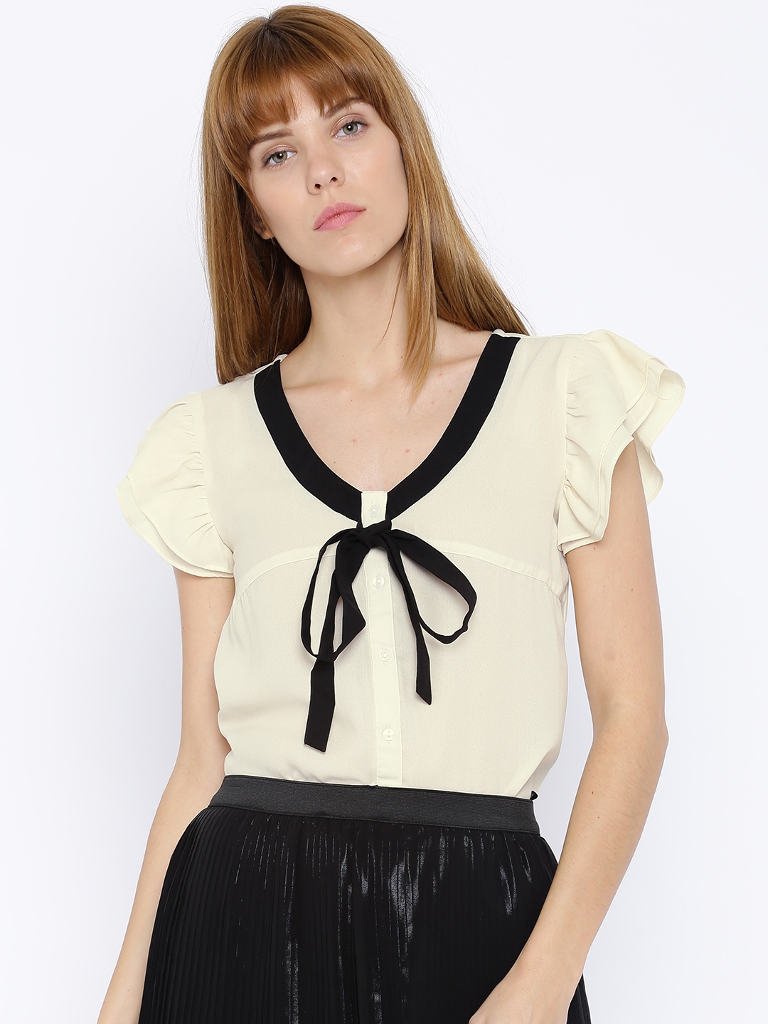 DressBerry Women Cream-Coloured Solid Regular Top