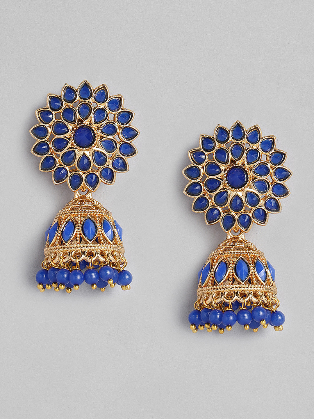 Peora Blue & Gold-Plated Dome-Shaped Studded Jhumkas