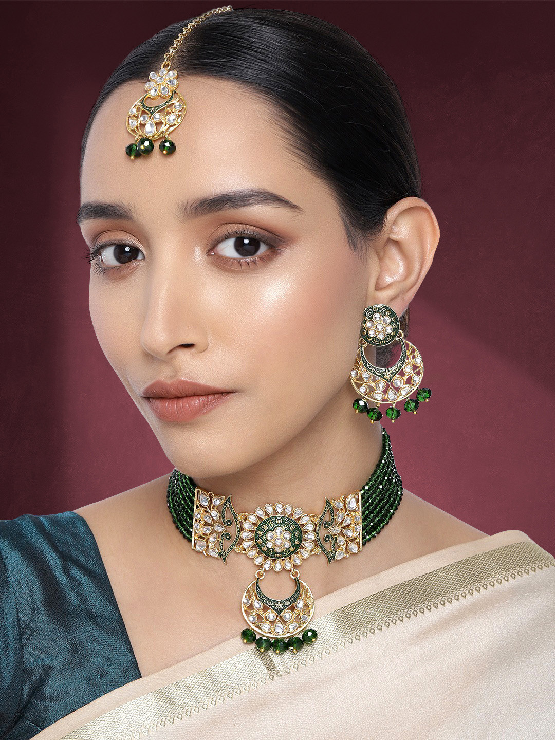 Peora Gold-Plated & Green Meenakari Kundan Beaded Jewellery Set