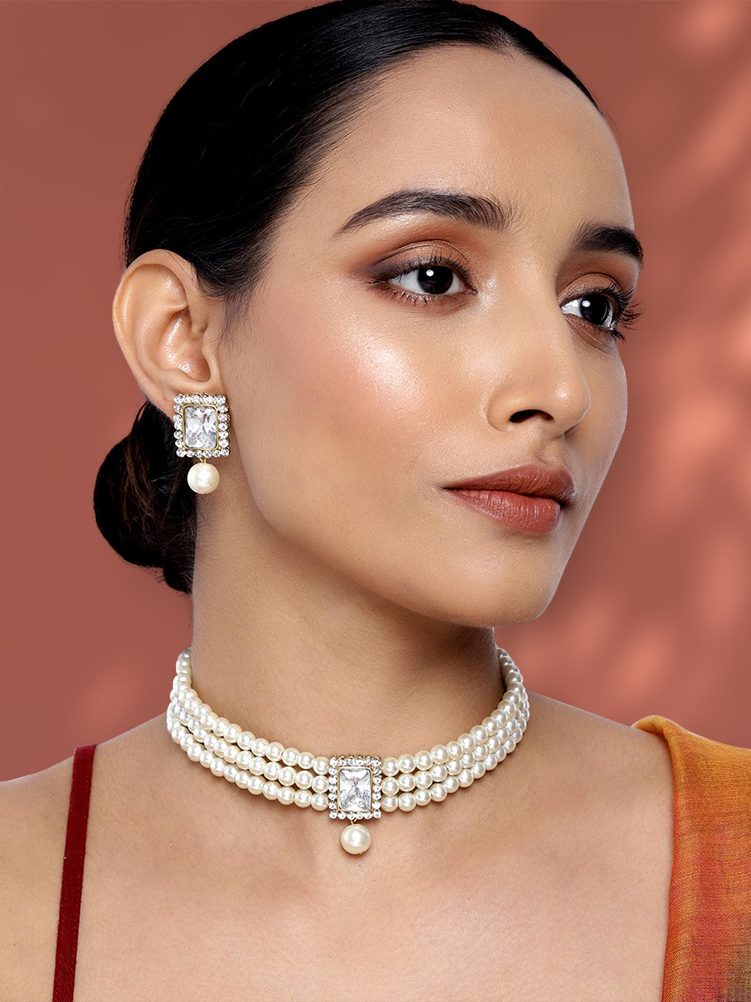 Peora White Gold-Plated Kundan Choker Necklace & Earrings Jewellery Set
