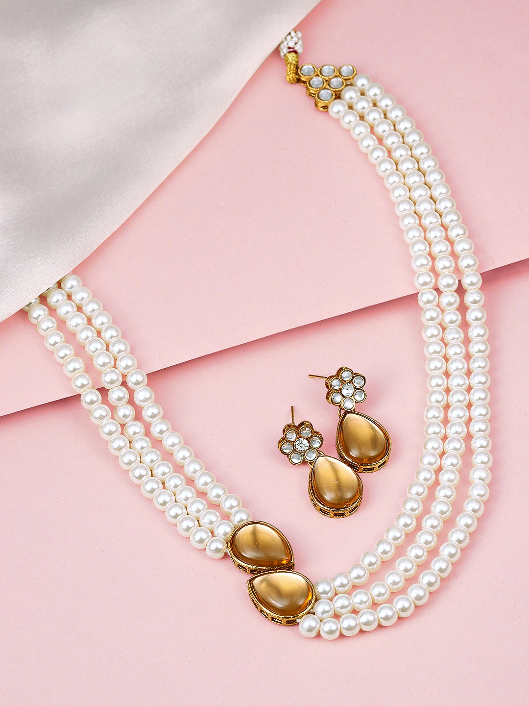 Peora Gold-Plated & White Pearl Kundan Handcrafted Jewellery Set