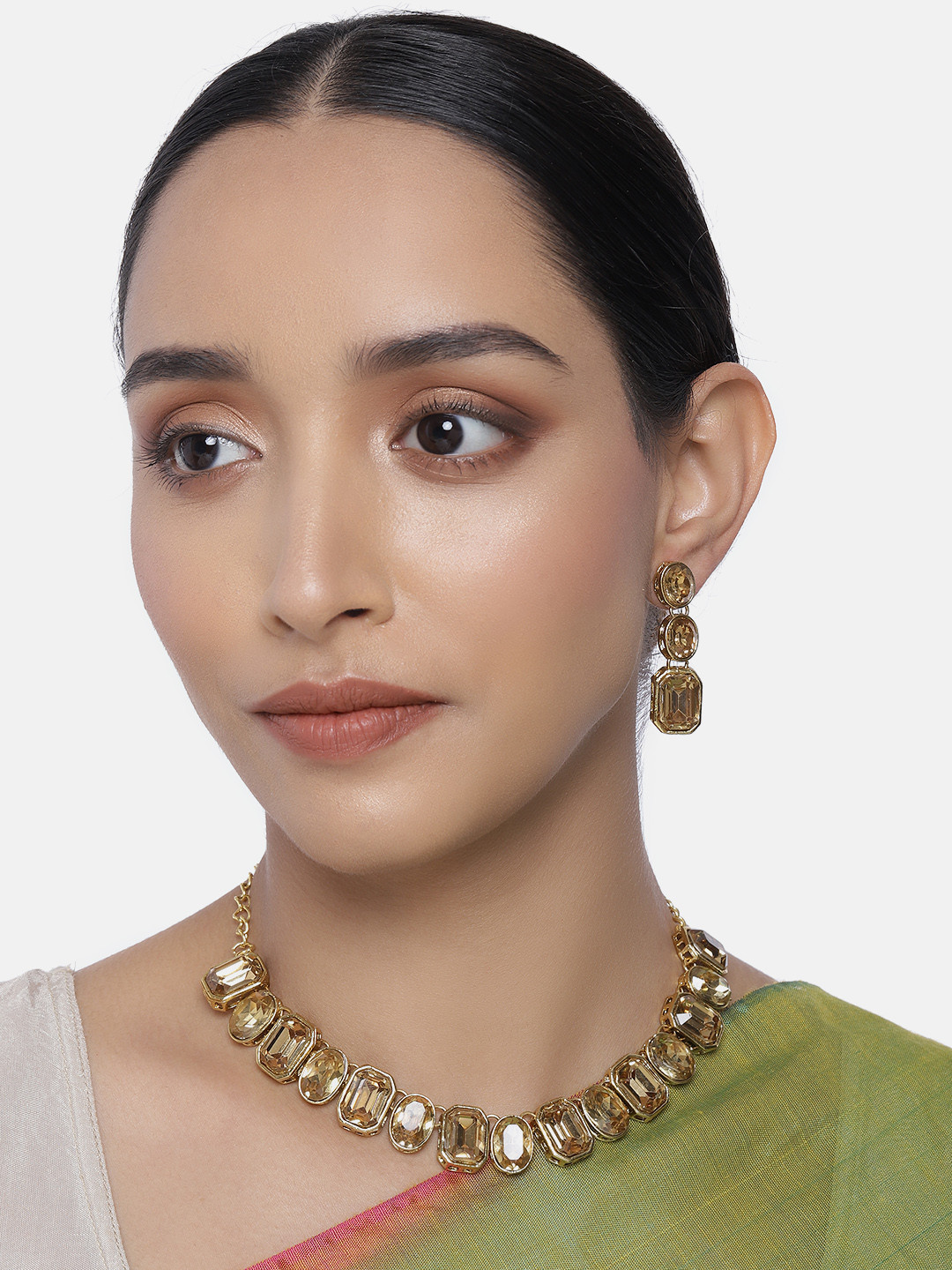 Peora Gold-Plated Champagne Square Crystal Handcrafted Jewellery Set