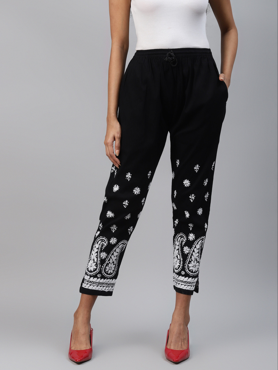 ADA Women Black & White Ethnic Motifs Hand Embroidered Cropped Ethnic Palazzos