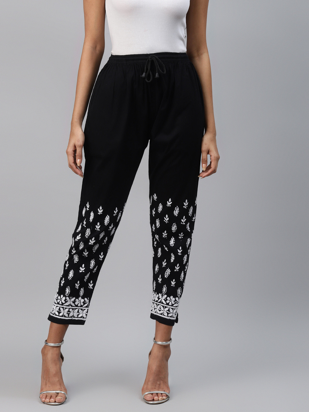 ADA Women Black & White Ethnic Motifs Hand Embroidered Cropped Ethnic Palazzos