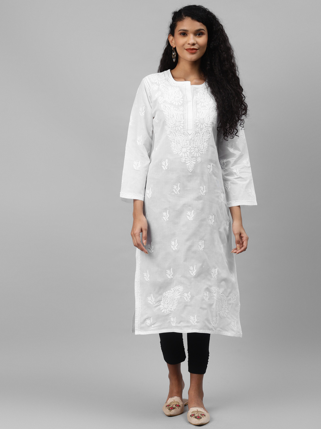 ADA Women White & Black Paisley Embroidered Chikankari Handloom Kurta with Trousers