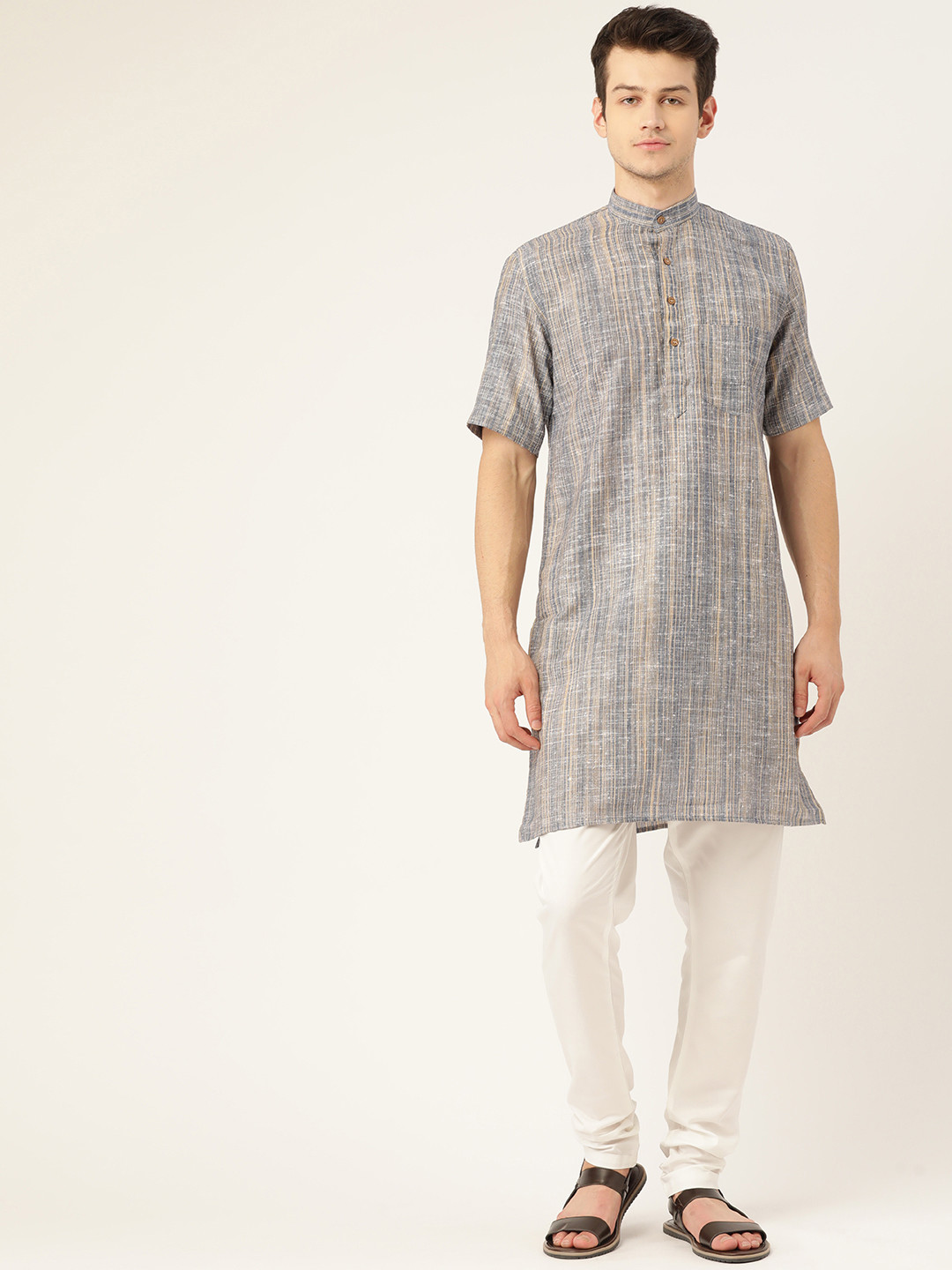 RAJUBHAI HARGOVINDAS Men Blue Premium Cotton Woven Design Handloom Kurta with Pyjamas
