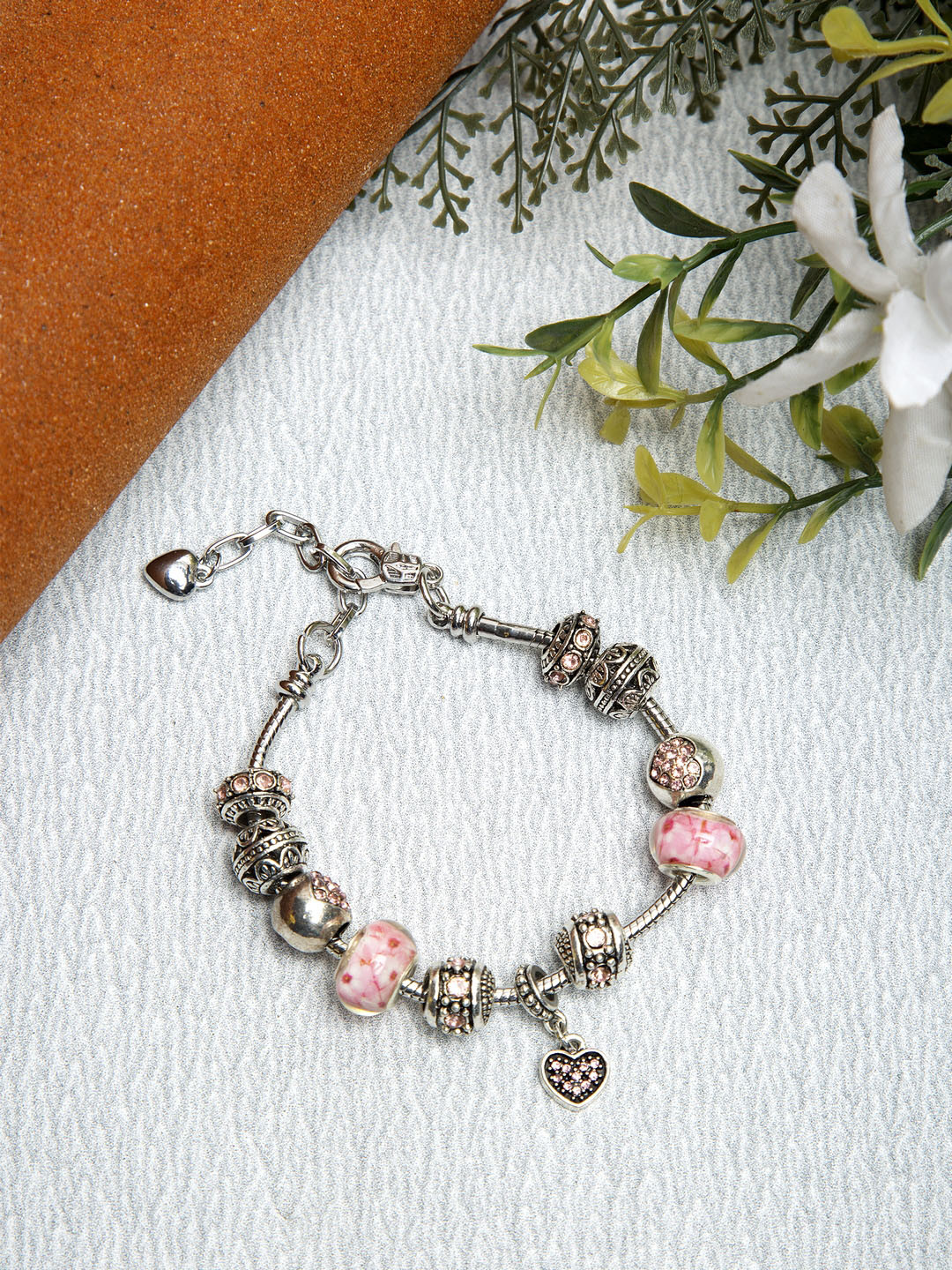 YouBella Women Silver-Plated & Pink Charm Bracelet