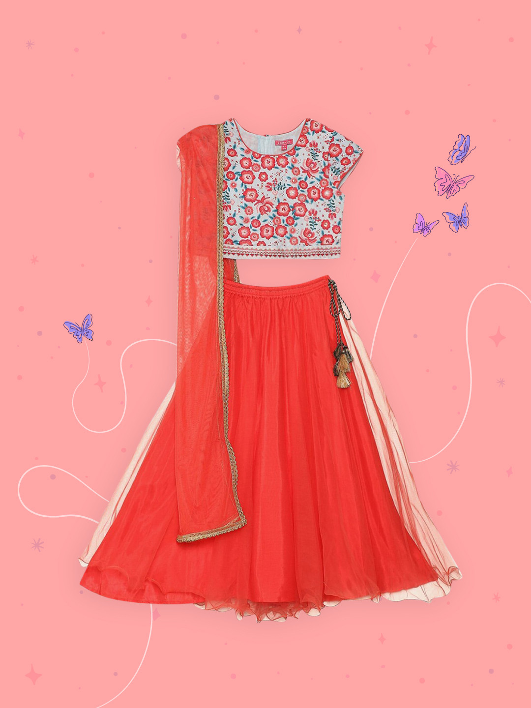 Biba Girls Blue & Pink Printed Ready to Wear Lehenga & Blouse with Dupatta