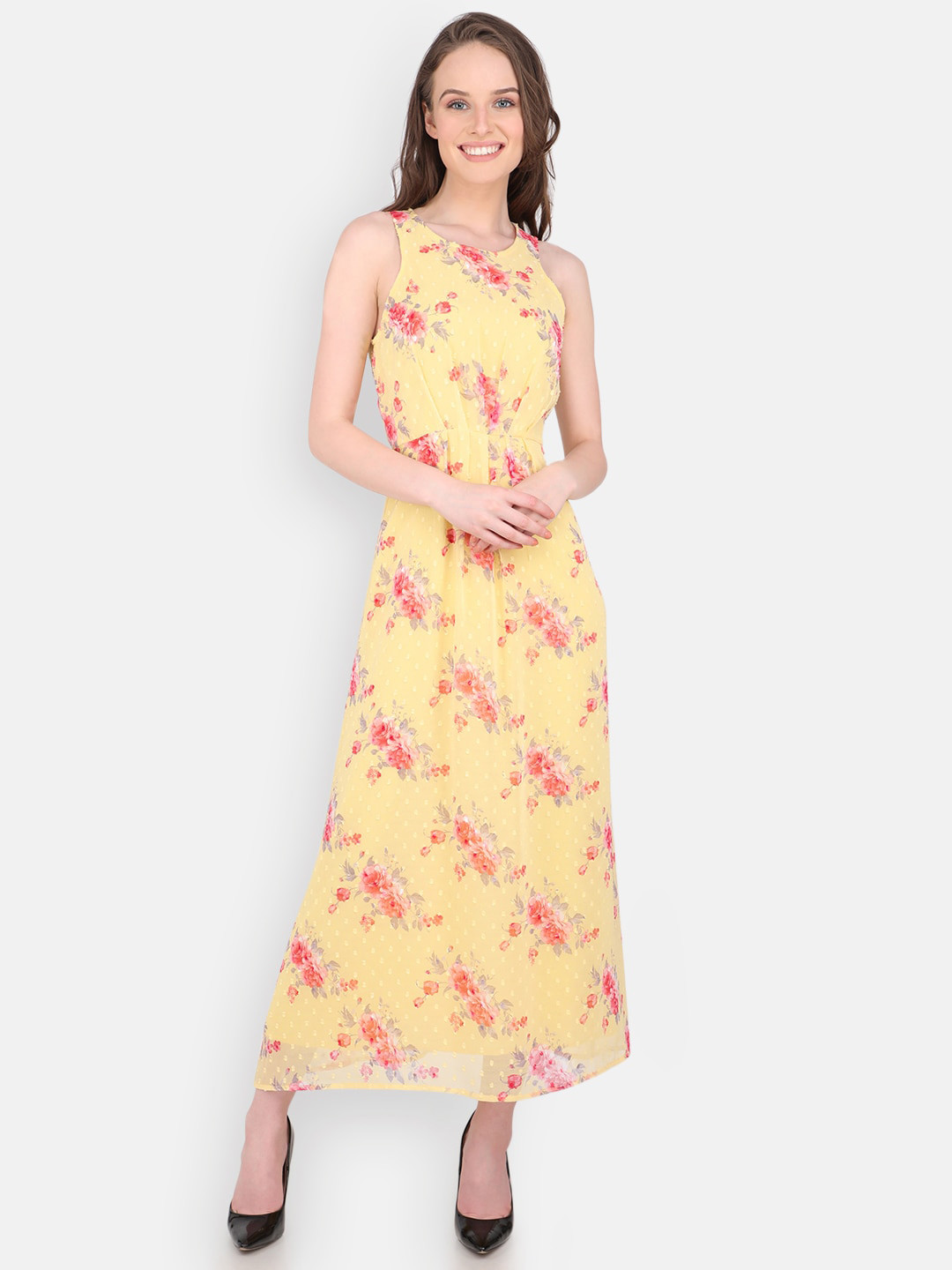 MARC LOUIS Yellow & Pink Floral Chiffon Maxi Dress