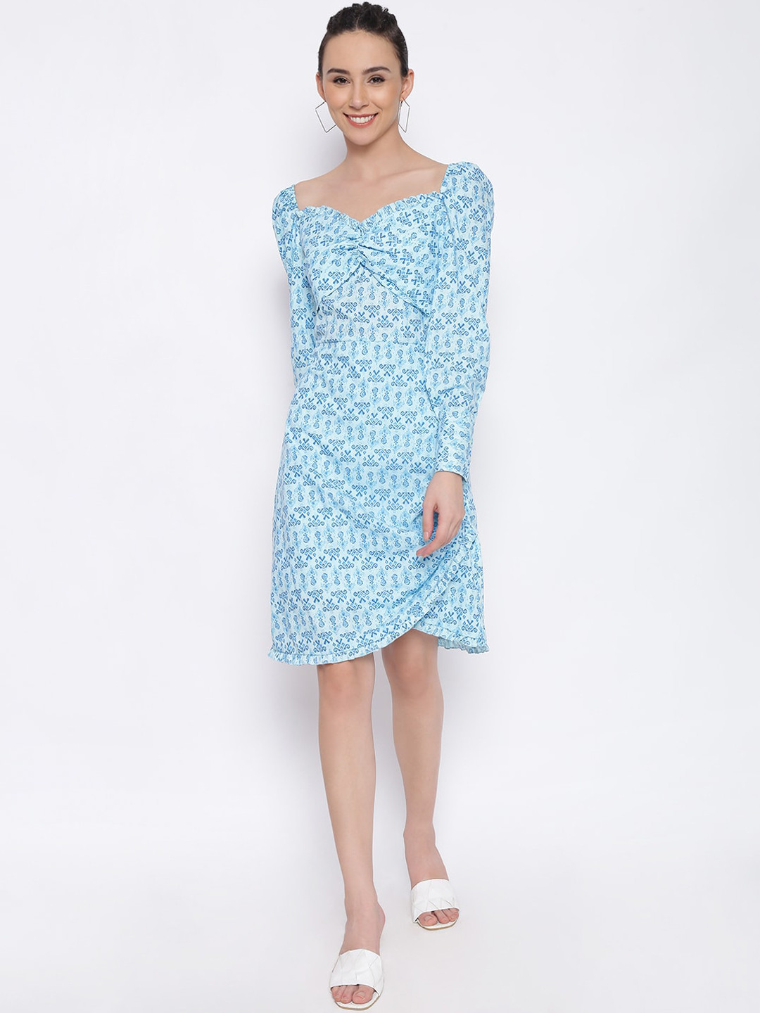 MARC LOUIS Women Blue  Floral Puff Sleeves Dress