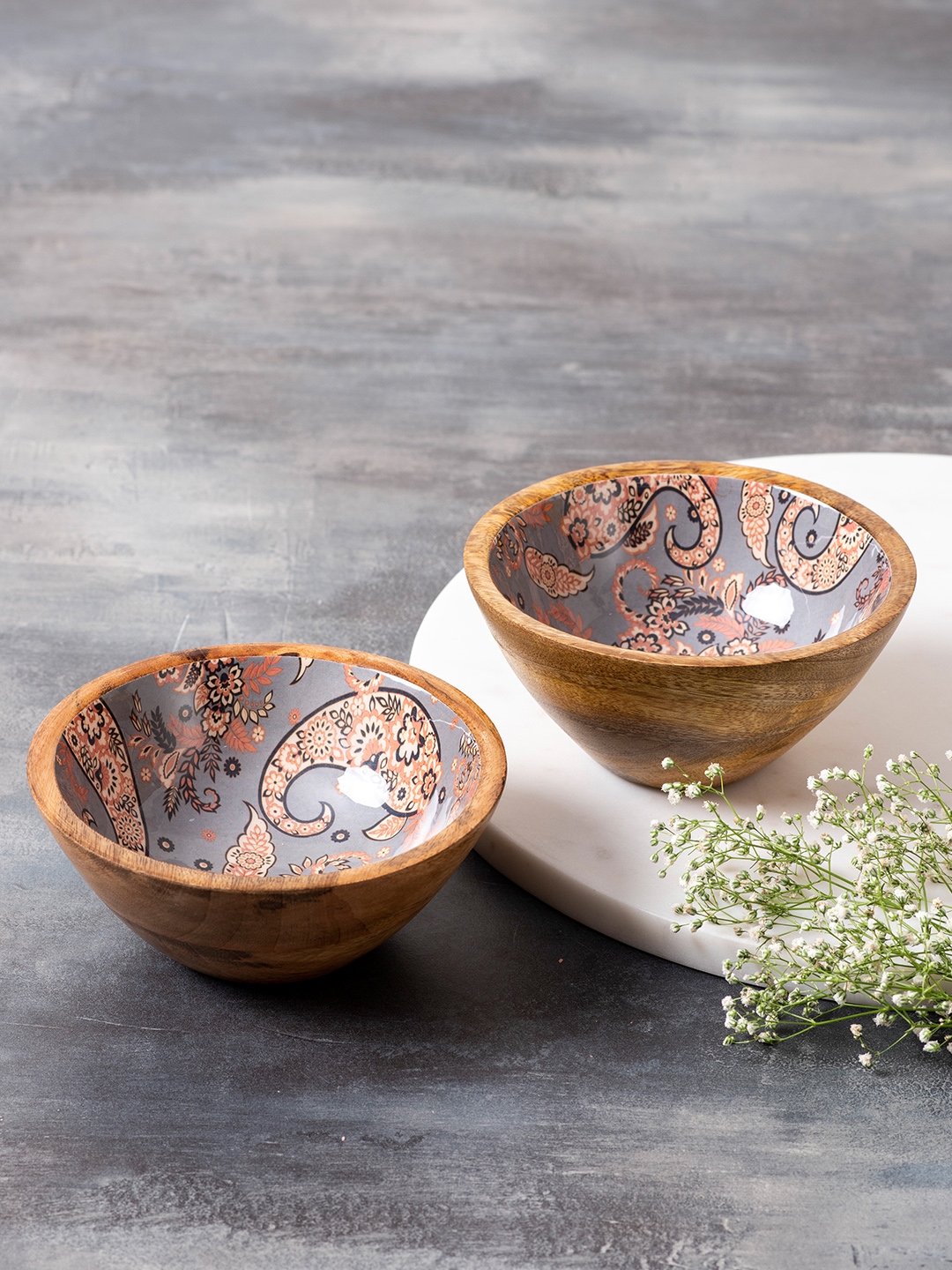 nestroots Set Of 2 Brown   Grey Printed Enamelled Wooden Decorative Bowls