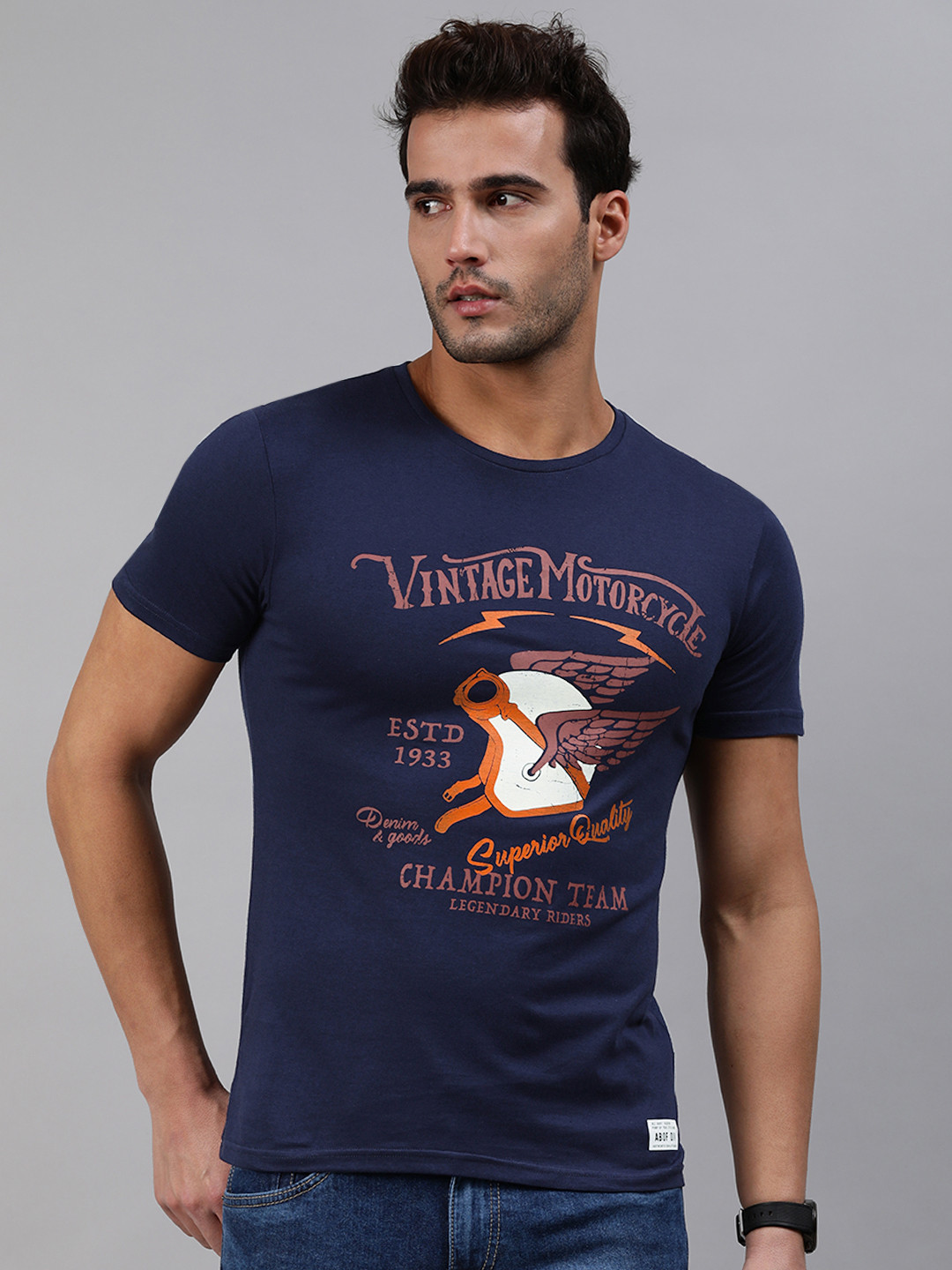 abof Men Navy Blue Typography Printed Round Neck Pure Cotton T-shirt