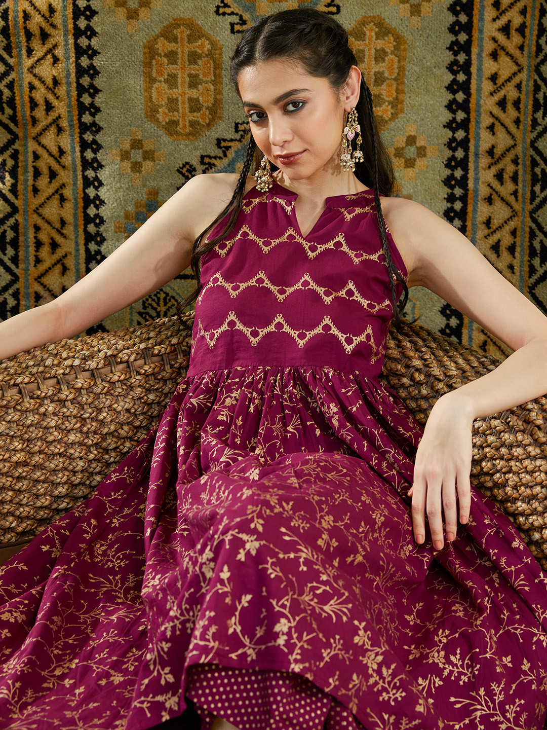 Sangria Women Purple & Golden Ethnic Motifs Printed Panelled Kurta with Trousers