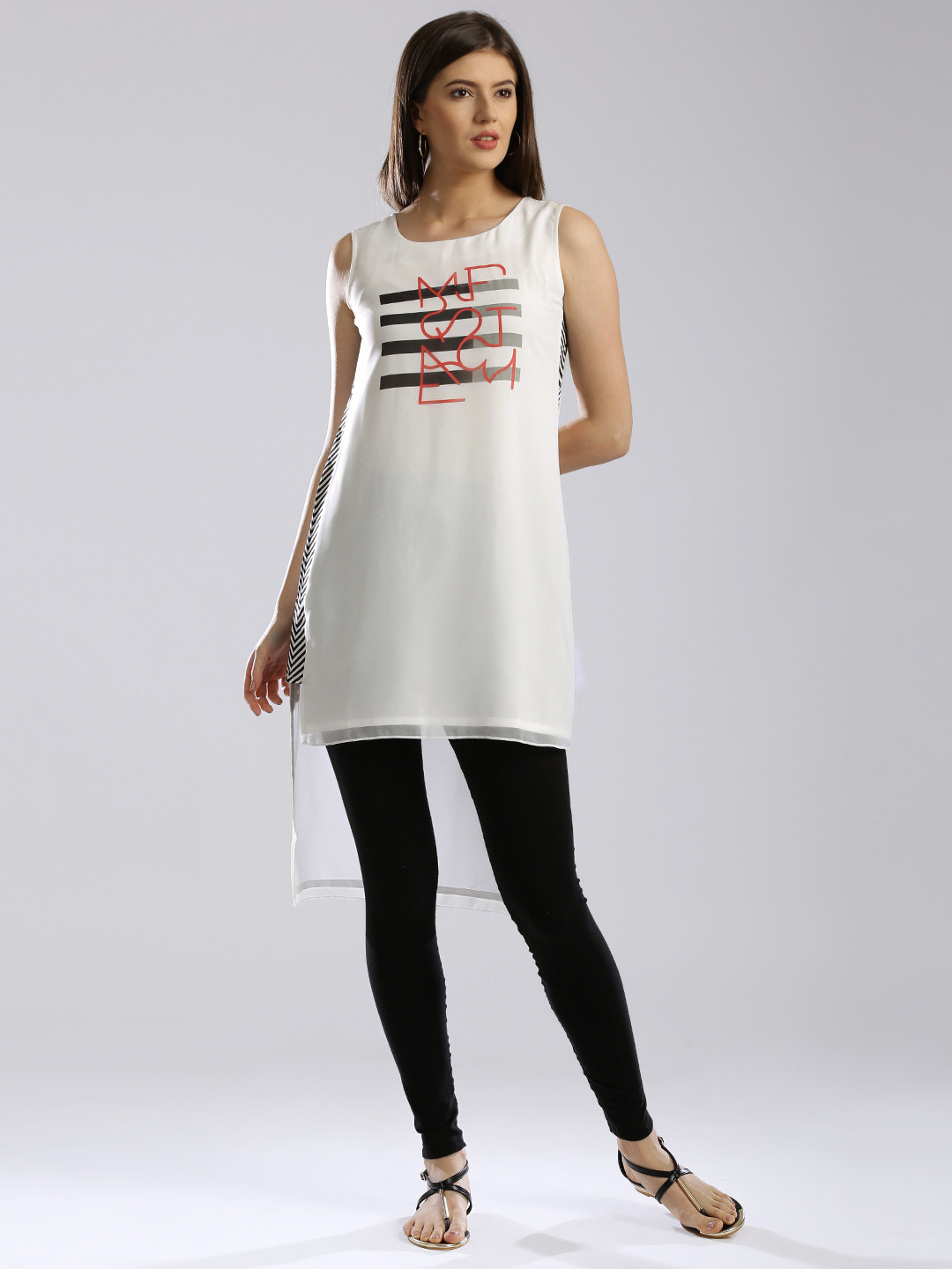 W Off-White Polyester Printed Detail High-Low Tunic