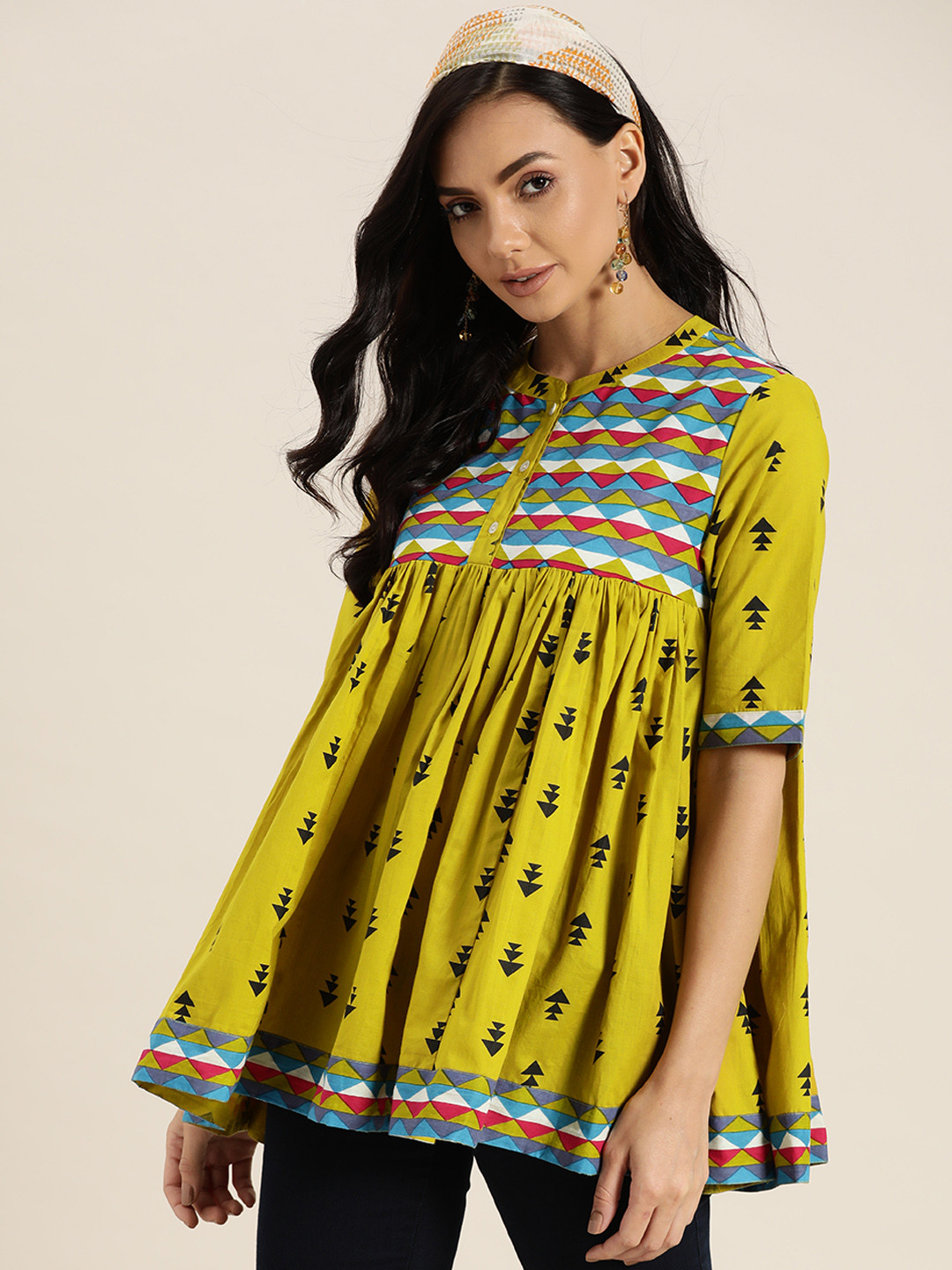 Sangria Olive Green & Black Pure Cotton Printed A-Line Top
