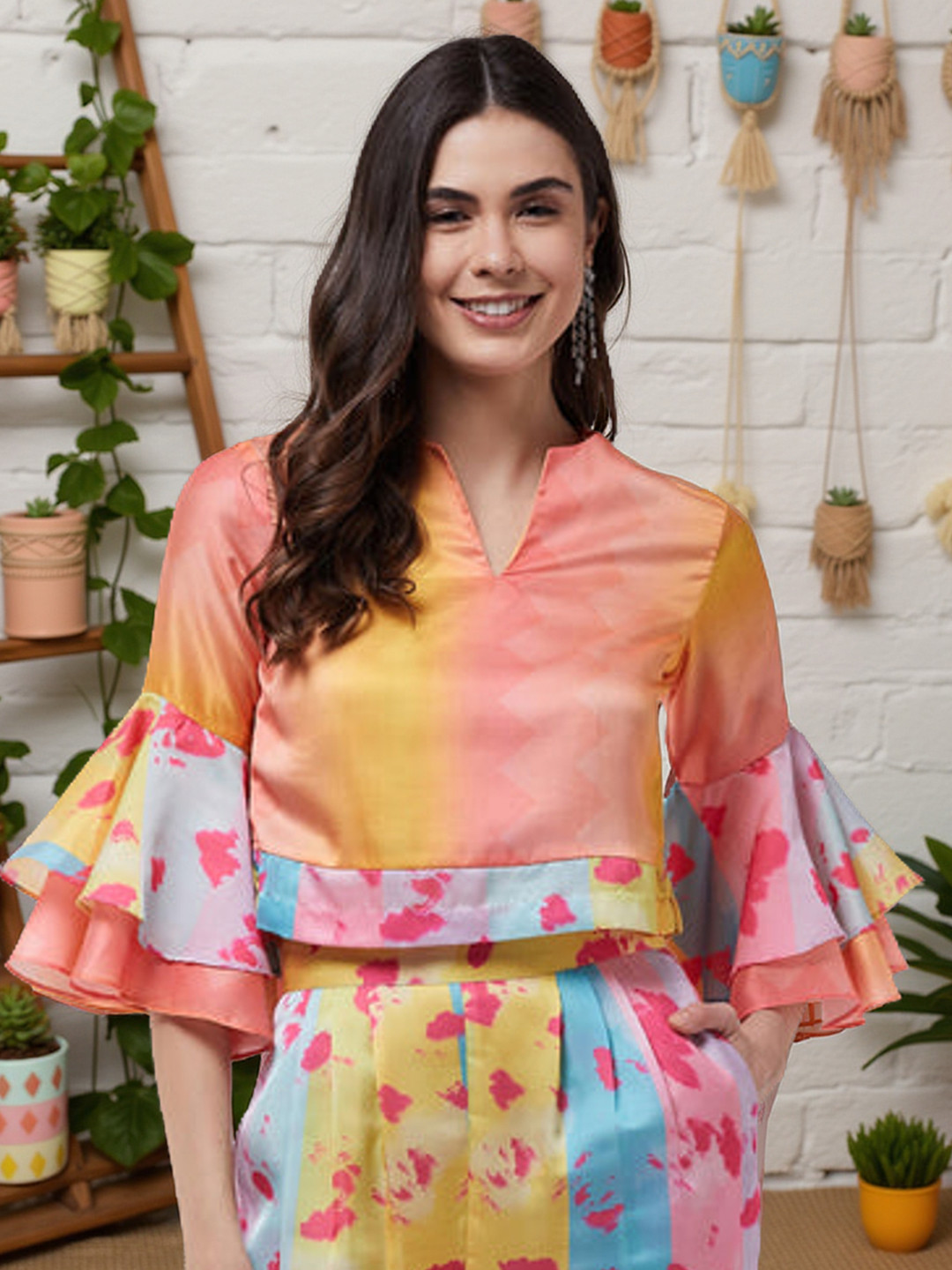 Zima Leto Multi Tie and Dye Bell Sleeve Regular Crop Top