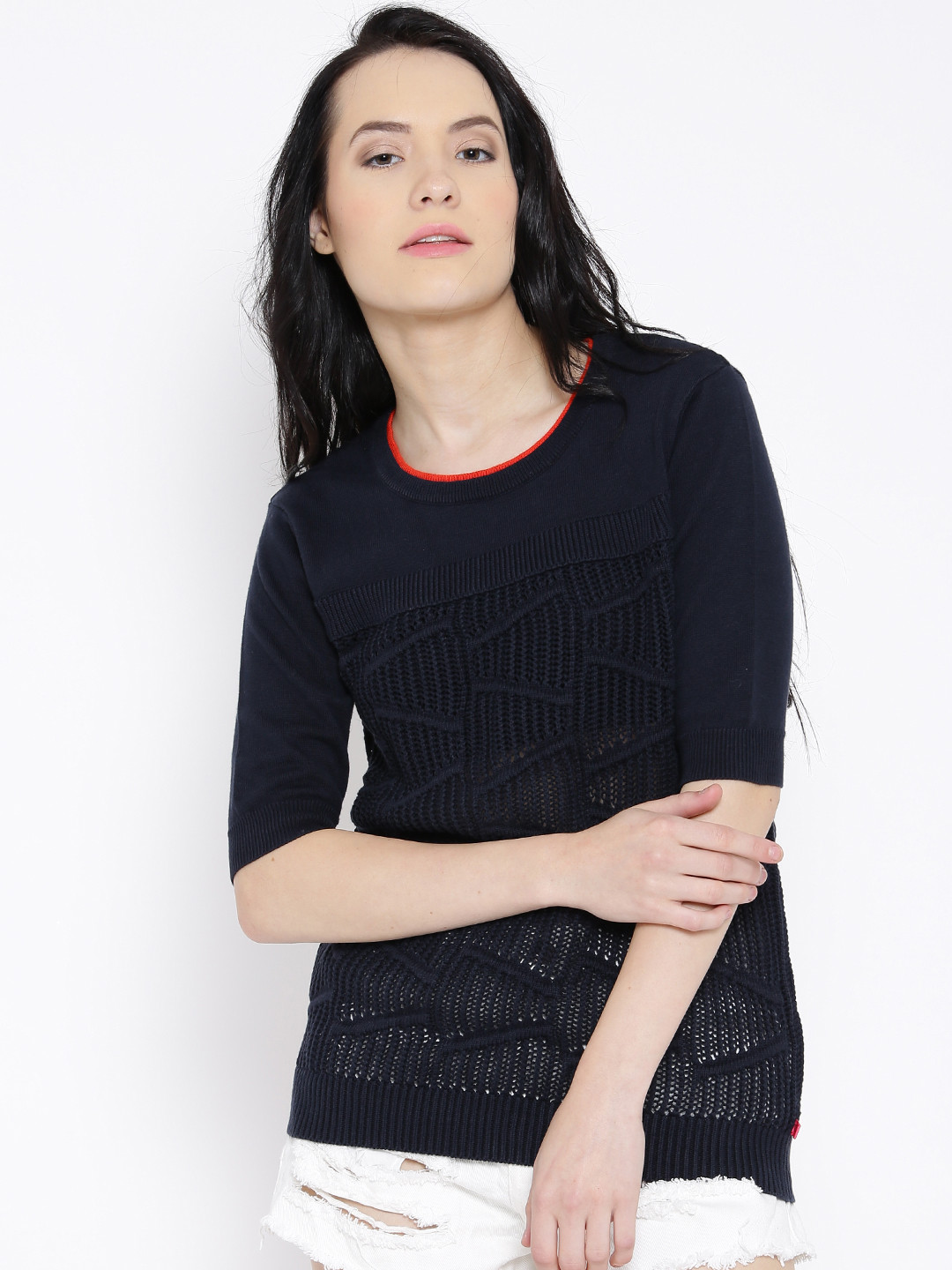 United Colors of Benetton Women Navy Blue Geometric Sweater