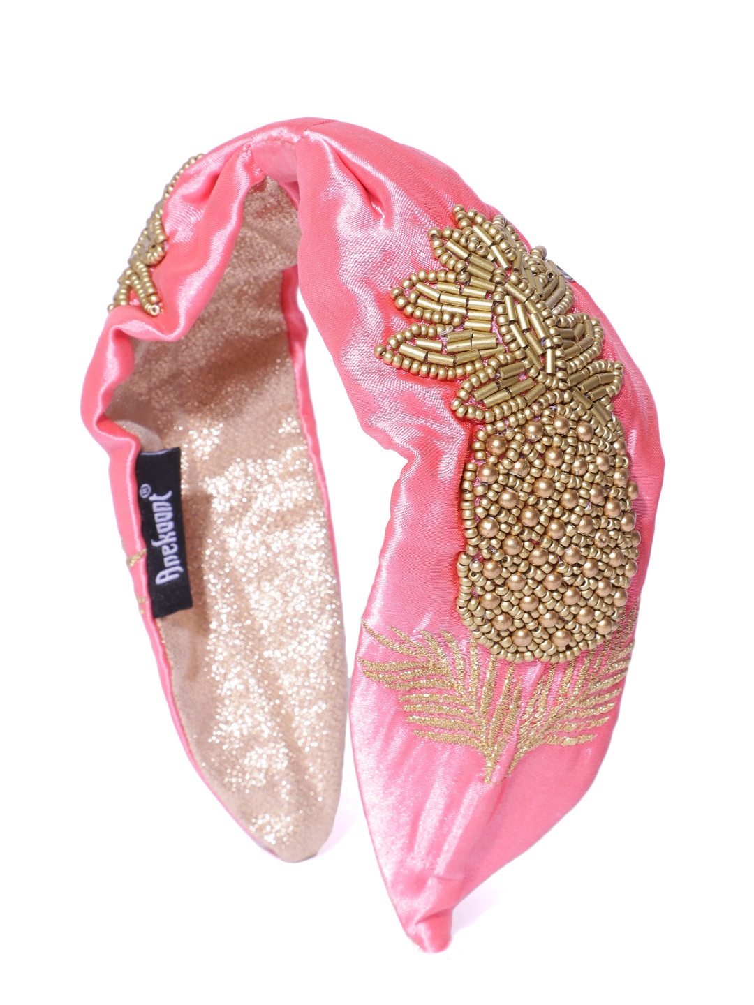 Anekaant Women Pink & Gold-Toned Tropical Pattern Beaded & Embroidered Satin Hairband
