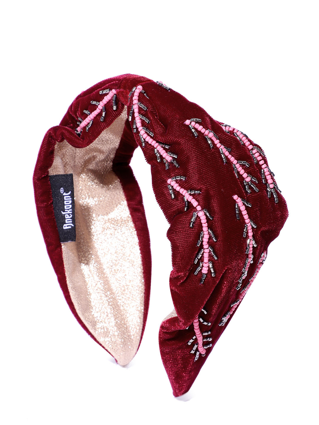 Anekaant Women Burgundy & Pink Beaded Velvet Hairband