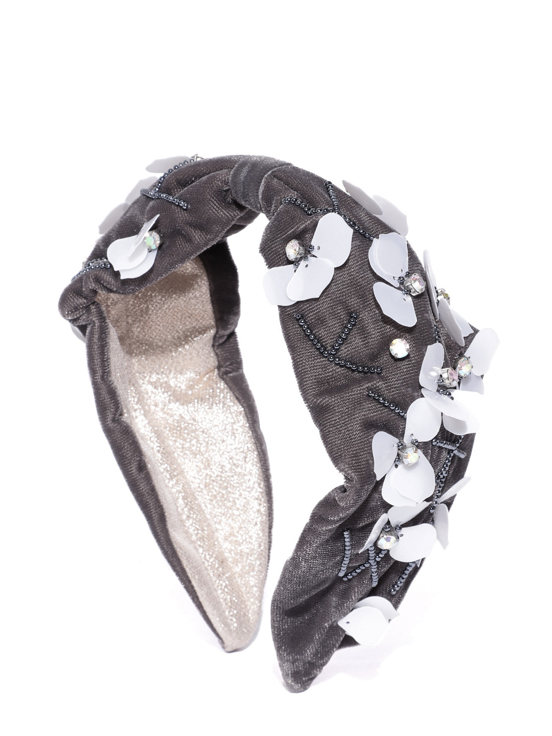 Anekaant Women Charcoal Grey & White Floral Embellished Velvet Hairband