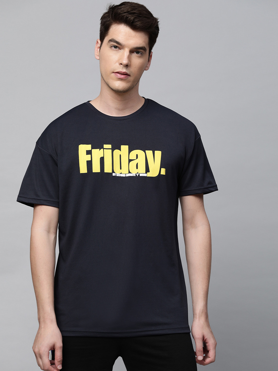 abof Men Navy Blue Typography Printed T-shirt