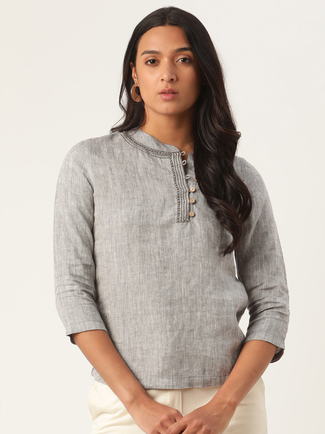 ROOTED Grey Mandarin Collar Linen Regular Top
