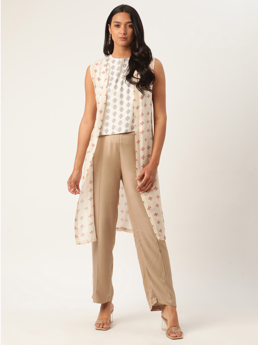 ROOTED Women White & Maroon Printed Longline Shrug