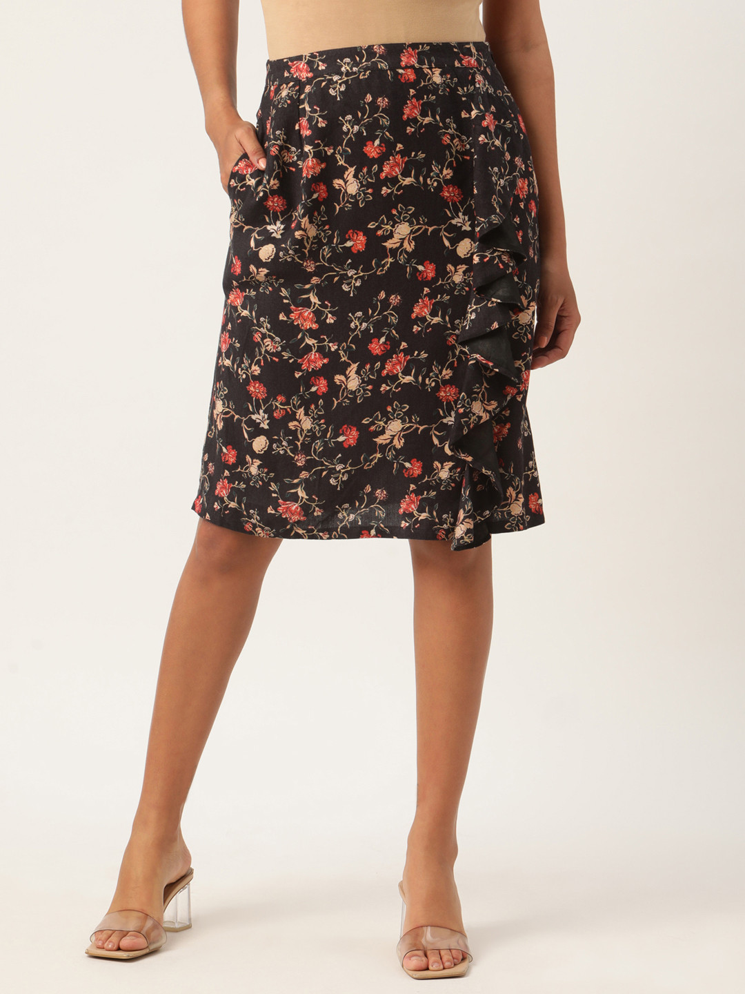 ROOTED Women Navy Blue Printed Knee-Length Skirt