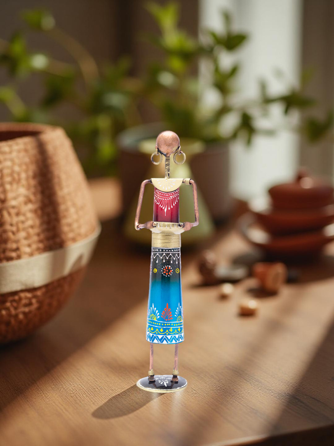 Golden Peacock Rajasthani Working Lady Red Metal Metallic Living Room Medium Showpiece - 14 Inches