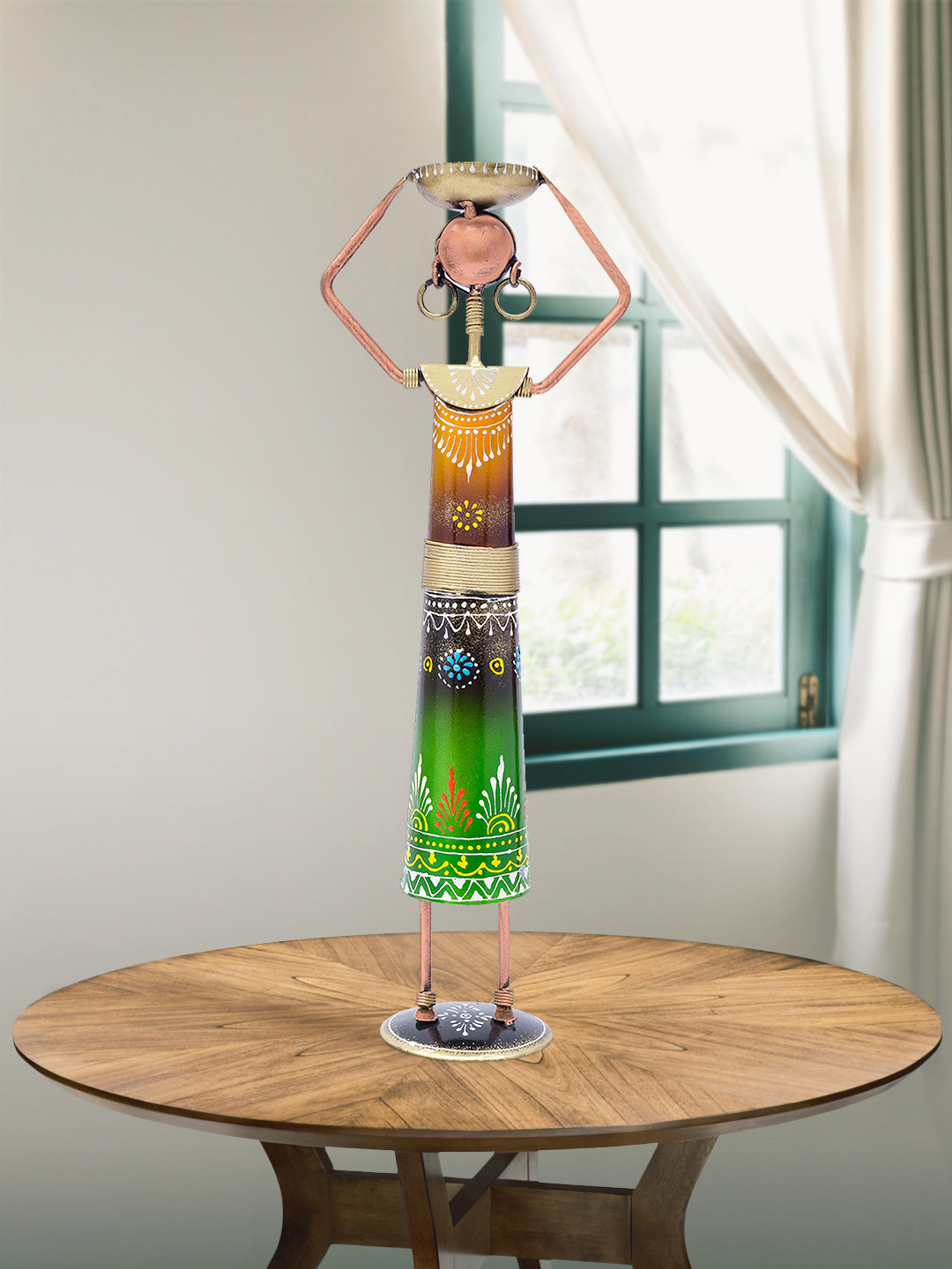 Golden Peacock Rajasthani Working Lady Green Metal Metallic Living Room Medium Showpiece - 14.6 Inches