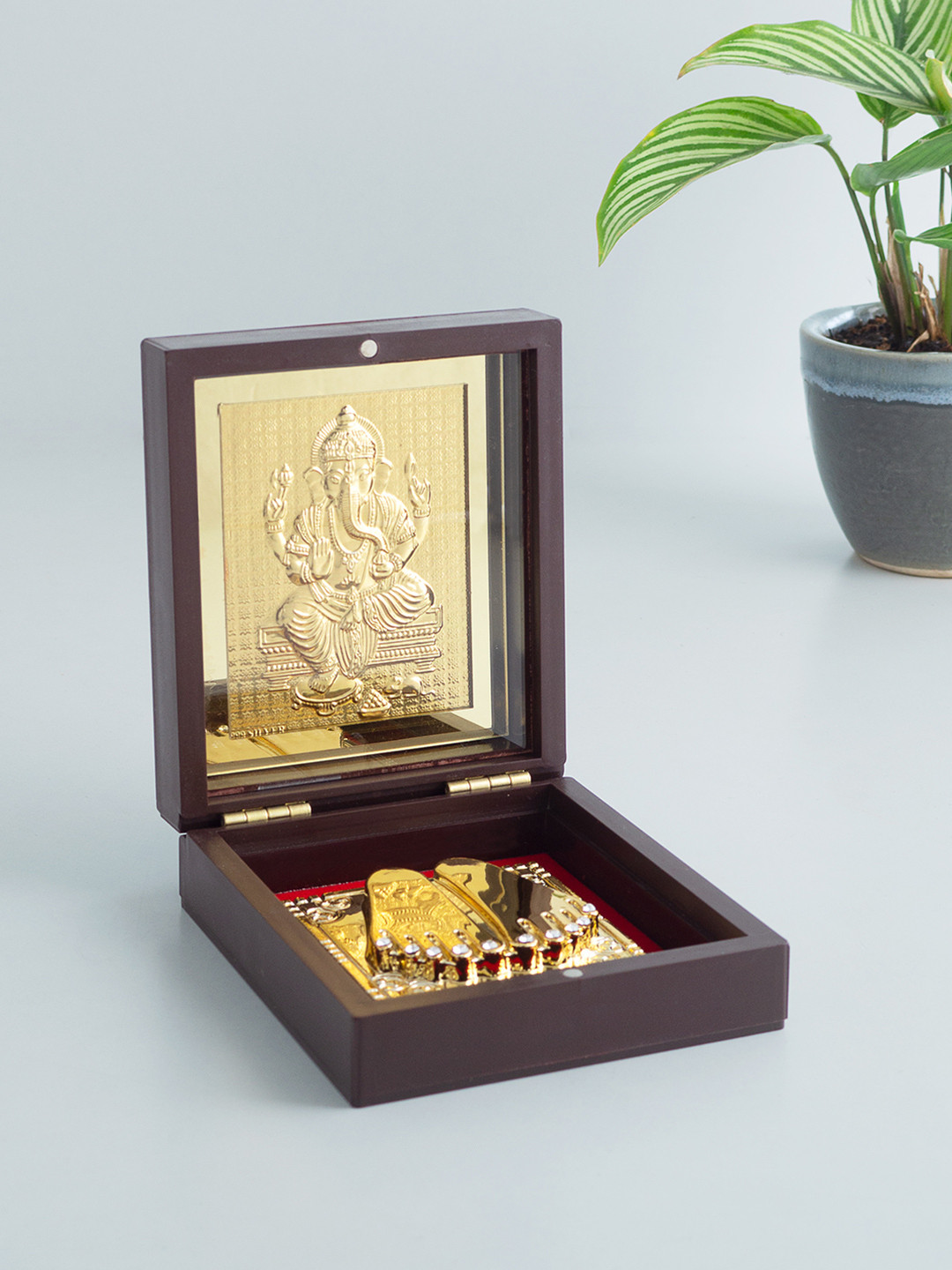 Golden Peacock 24-Ct Gold-Toned Gold Foil Ganesh Pooja Box