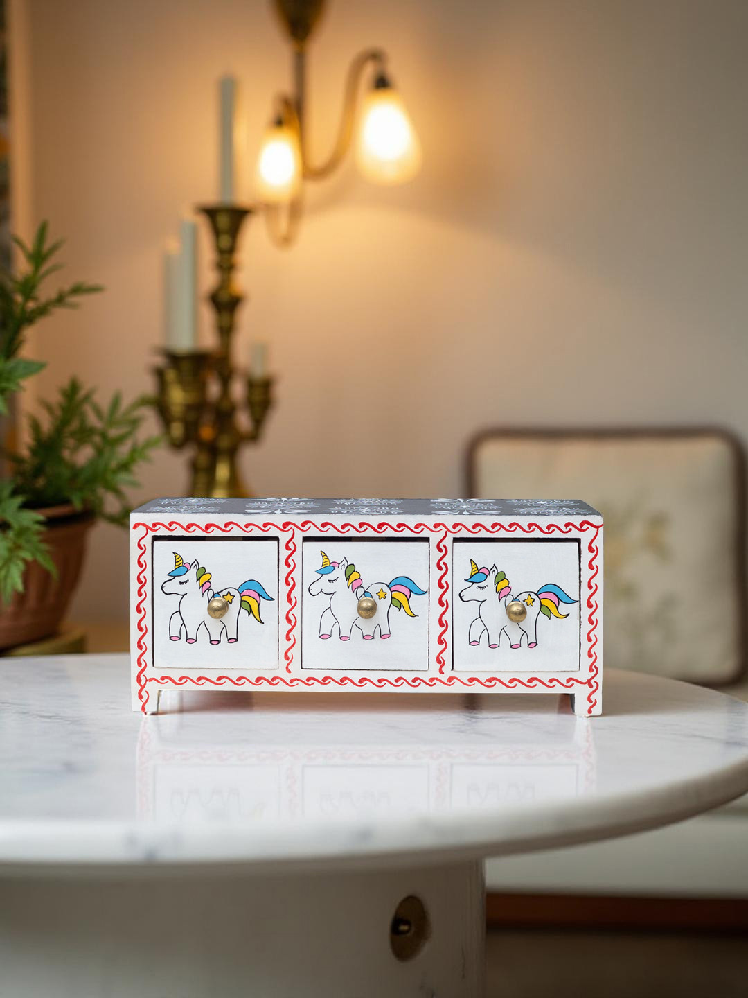 Golden Peacock Unicorn Design Trinket Box White Wood Natural Living Room Hand-Painted Medium Showpiece - 3.9 Inches