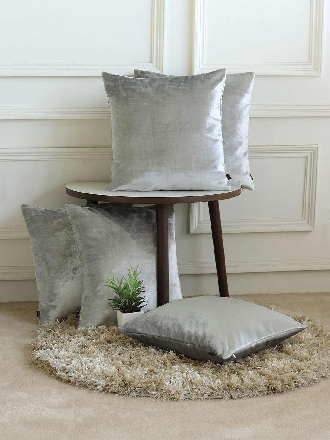 GM Silver-Toned Set of 5 Solid Square Cushion Covers
