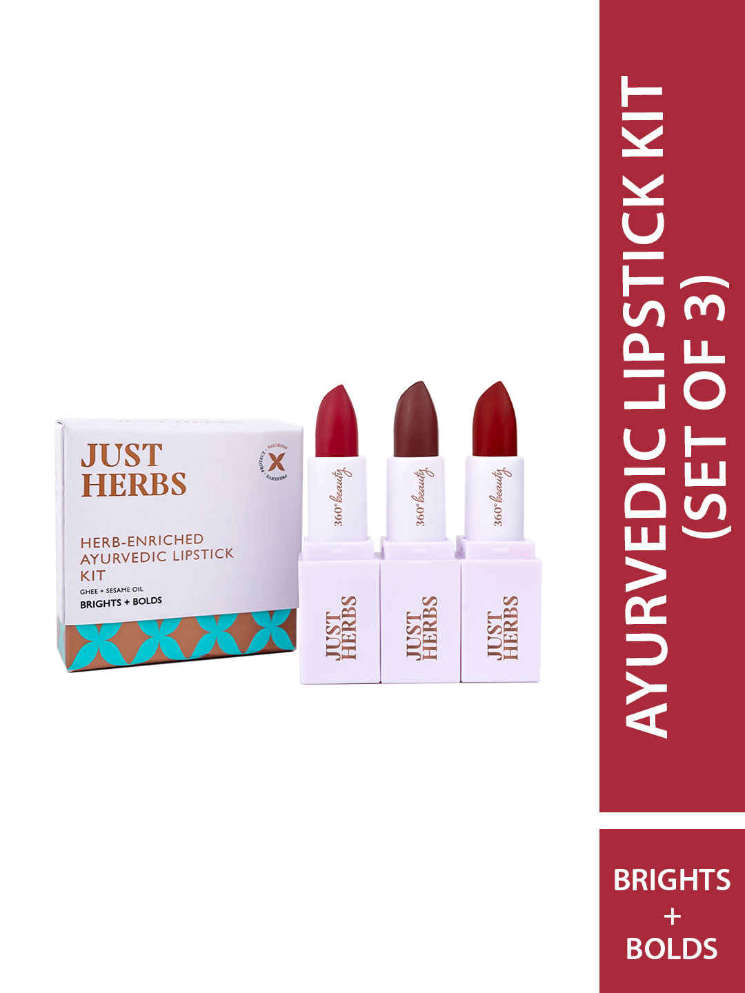 Just Herbs Women Set of 3 Ayurvedic Half-Size Lipstick Kit - Pink, Deep Red & Rose Brown