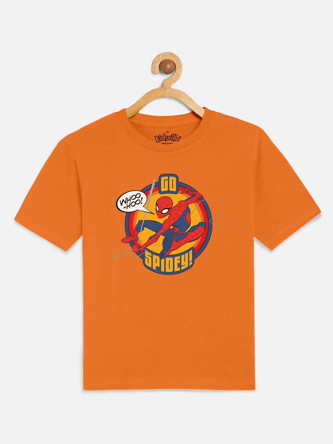 Kids Ville Boys Orange Spiderman Printed Cotton Pure Cotton T-shirt