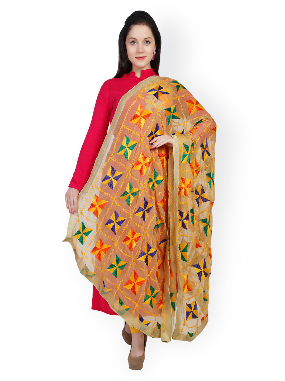 Dupatta Bazaar Beige Phulkari Embroidered Dupatta