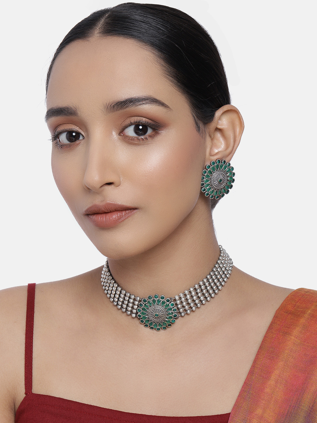 Peora Green Oxidised Silver-Plated Stone Studded Handcrafted Jewellery Set