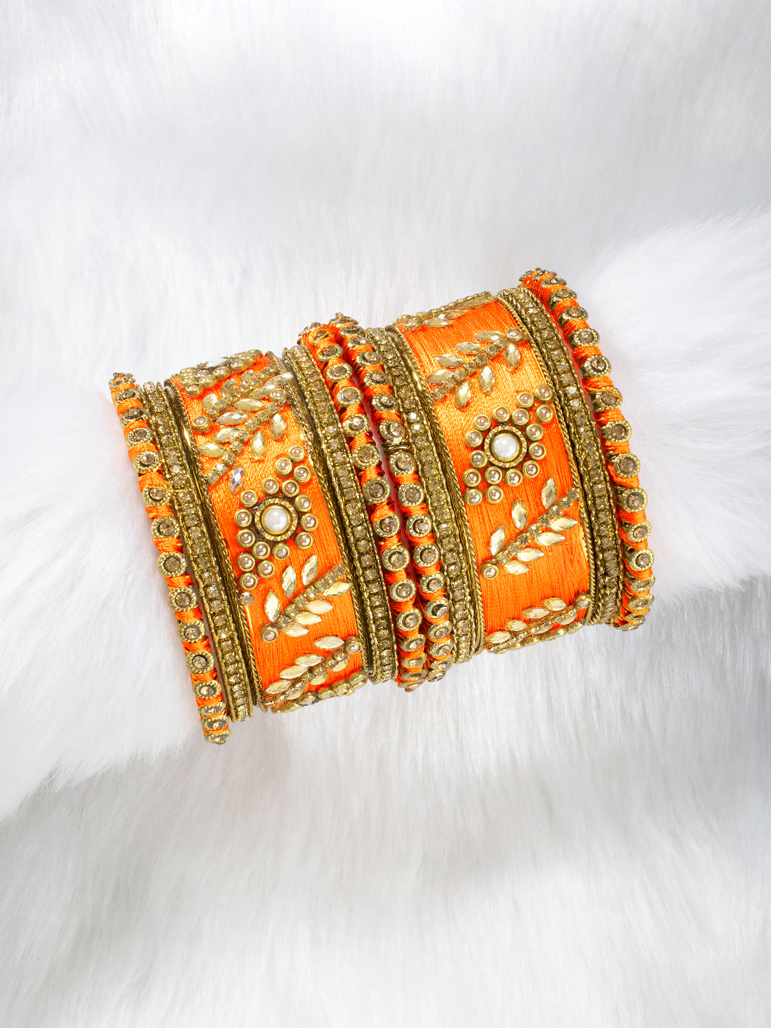 Peora Set of 10 Orange Silk Thread Beaded Handcrafted Bangles