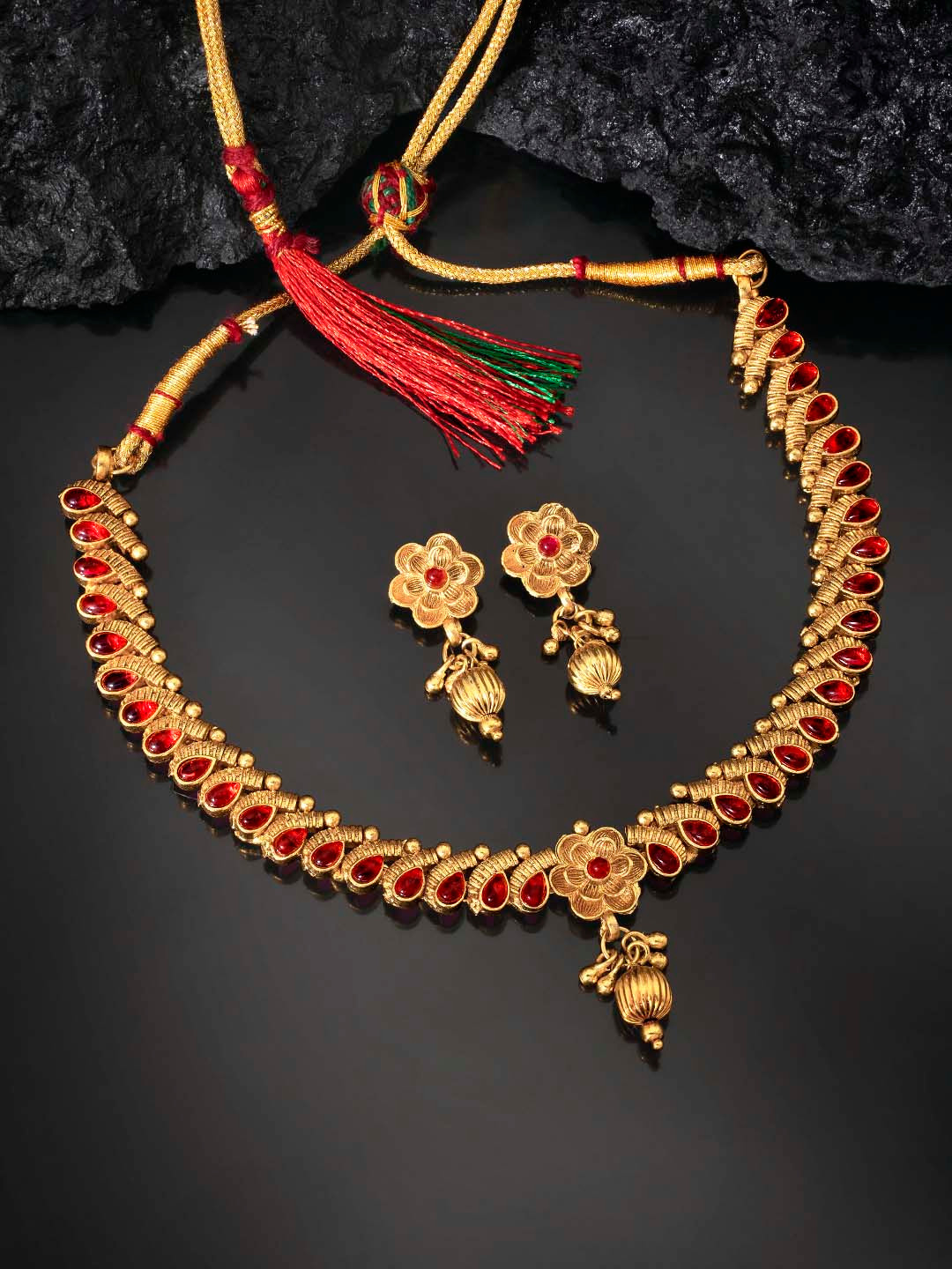 Peora Gold-Plated Red Studded Temple Traditional Jewellery Set