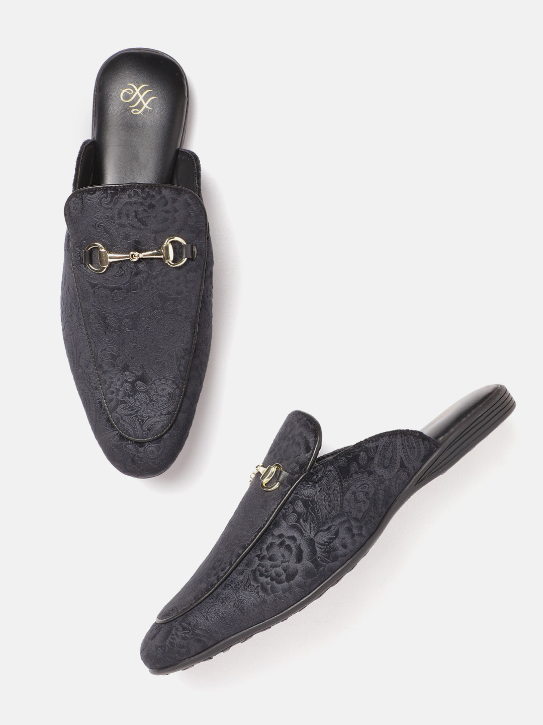 House of Pataudi Men Charcoal Grey Ethnic Print Handcrafted Mules with Velvet Finish