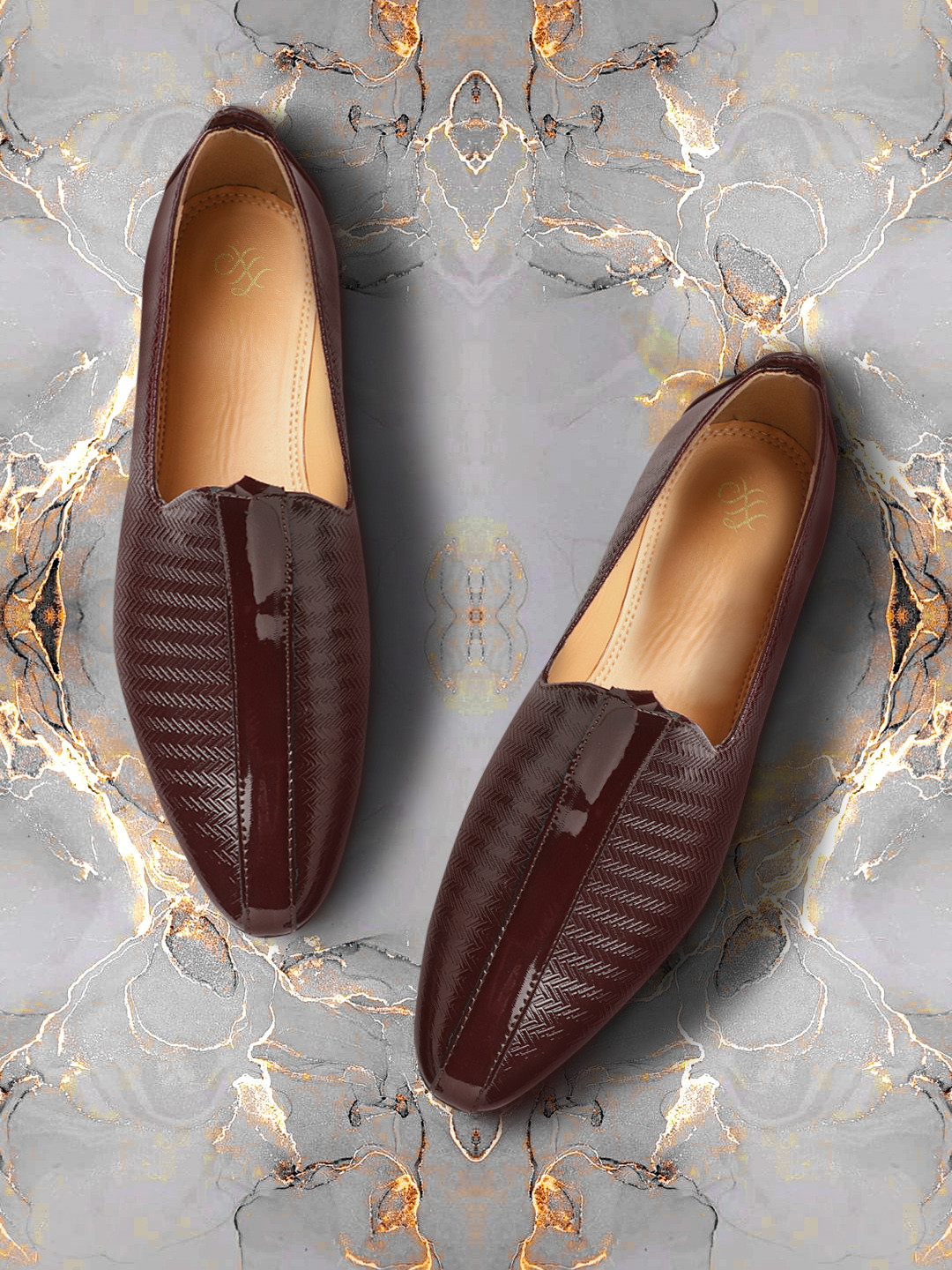 House of Pataudi Men Coffee Brown Textured & Glossy Finish Handcrafted Leather Mojaris