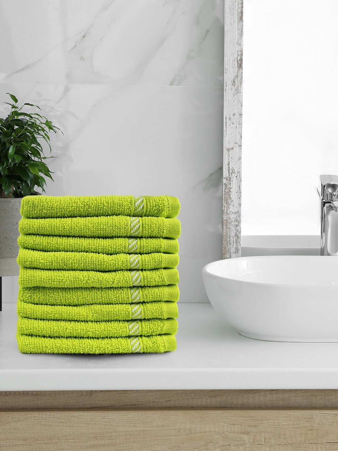 MYTRIDENT Set Of 9 Lime-Green Solid 380GSM Cotton Bath Towels