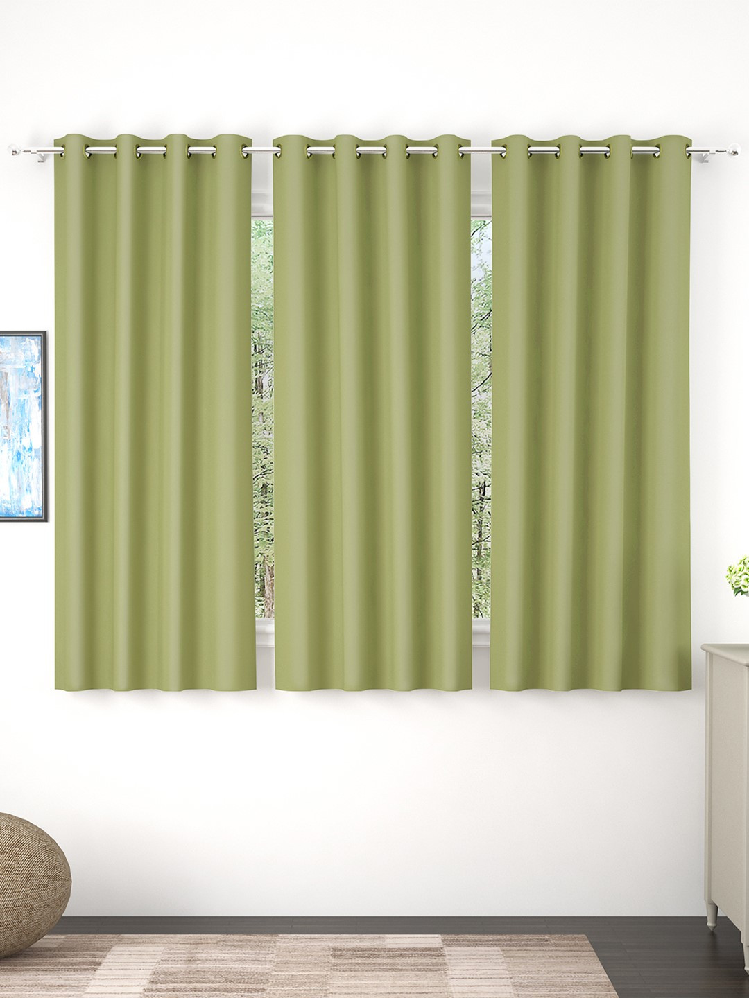 Story@Home Faux Silk Solid Solid 300GSM Light Green Room Darkening Blackout Window Curtain - Set Of 3