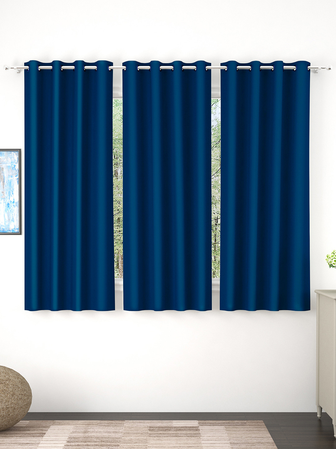 Story@Home Faux Silk Solid Solid 300GSM Navy Blue Room Darkening Blackout Window Curtain - Set Of 3