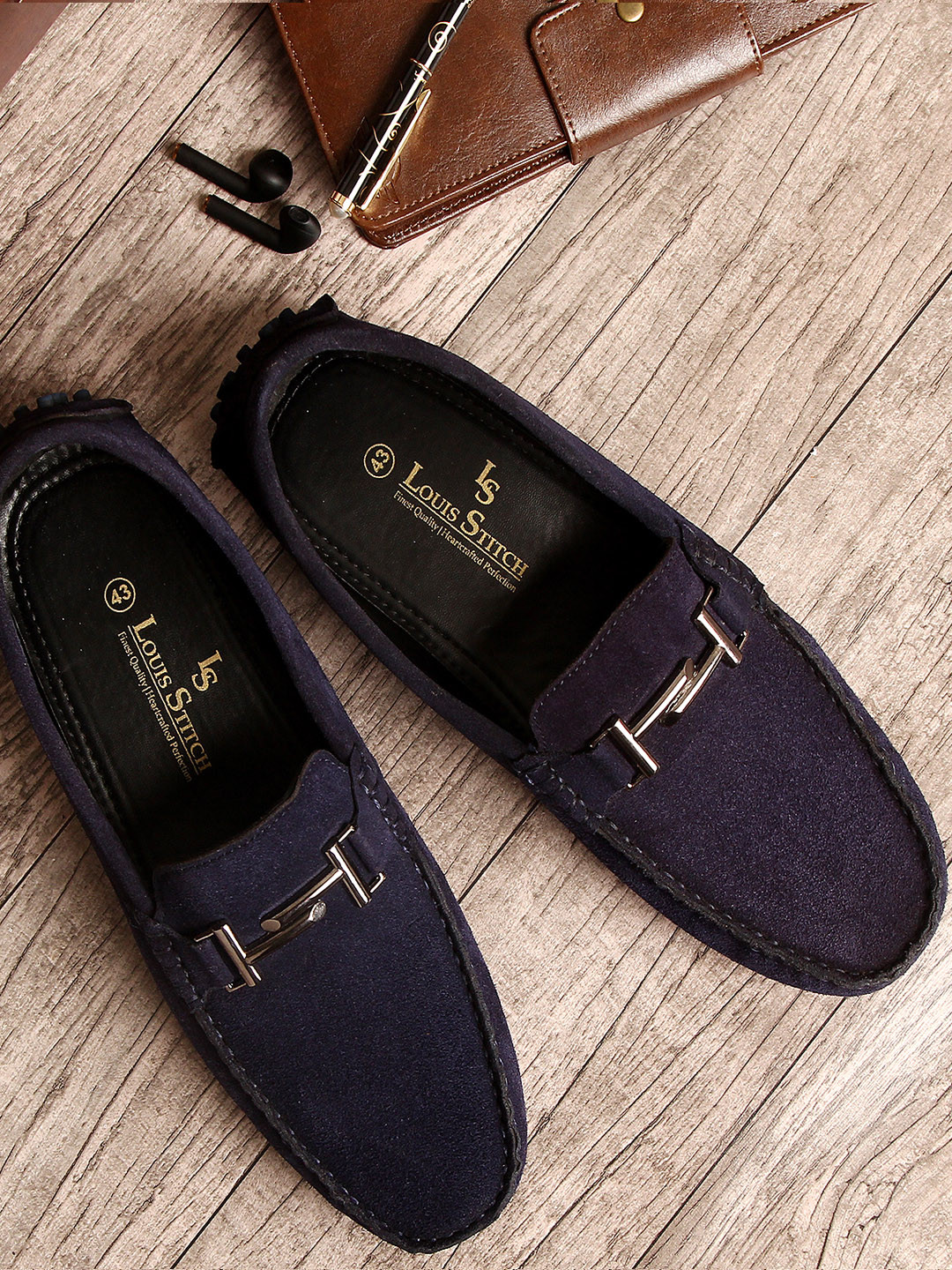 LOUIS STITCH Men Navy Blue Suede Horsebit Loafers