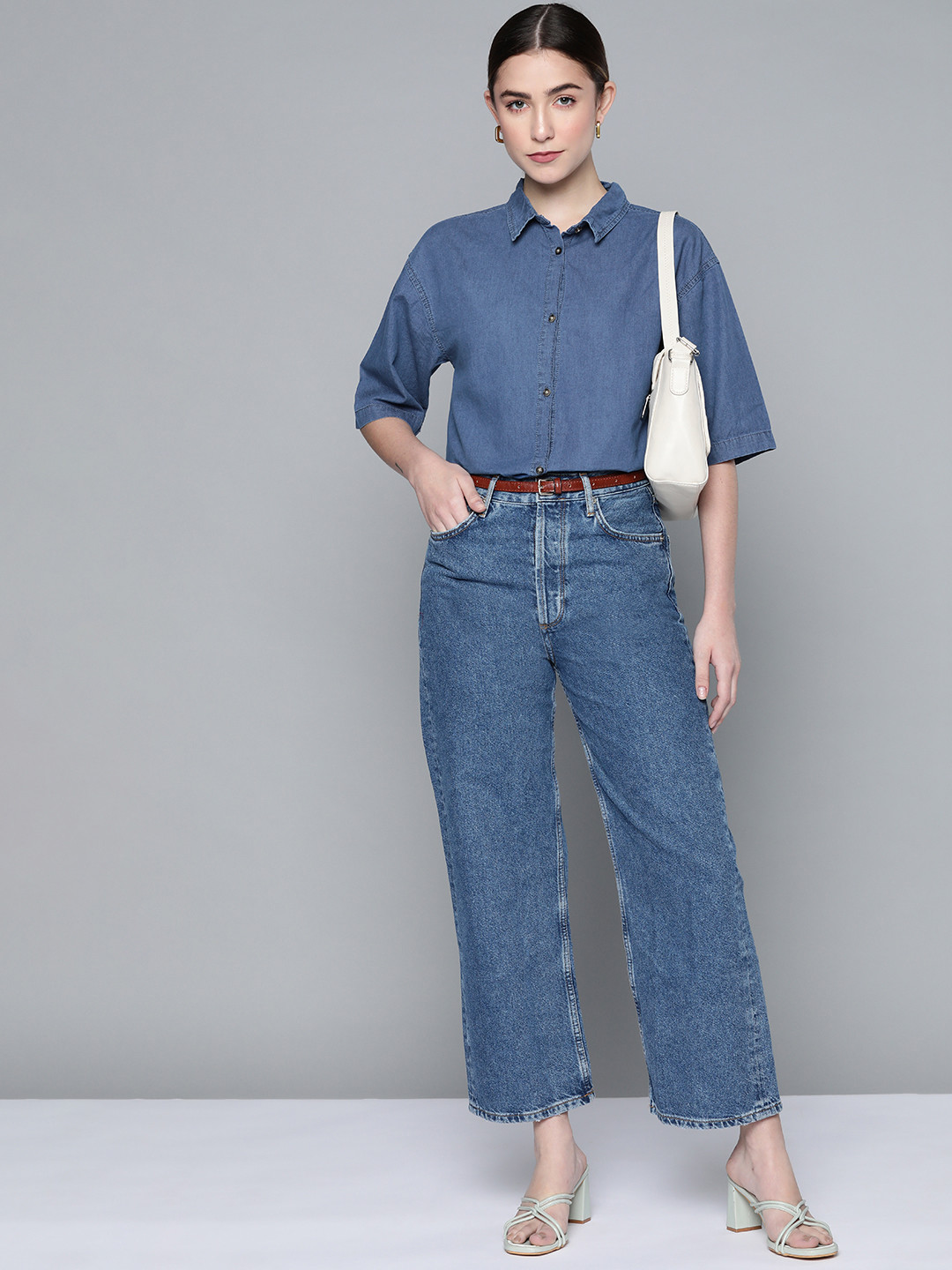 Chemistry Women Blue Solid Caual Boxy Cropped Denim Shirt